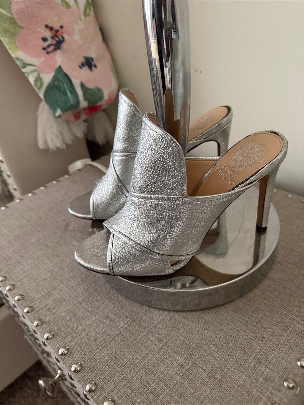 Vince Camuto Silver Metallic Open-Toe High Heel Mules